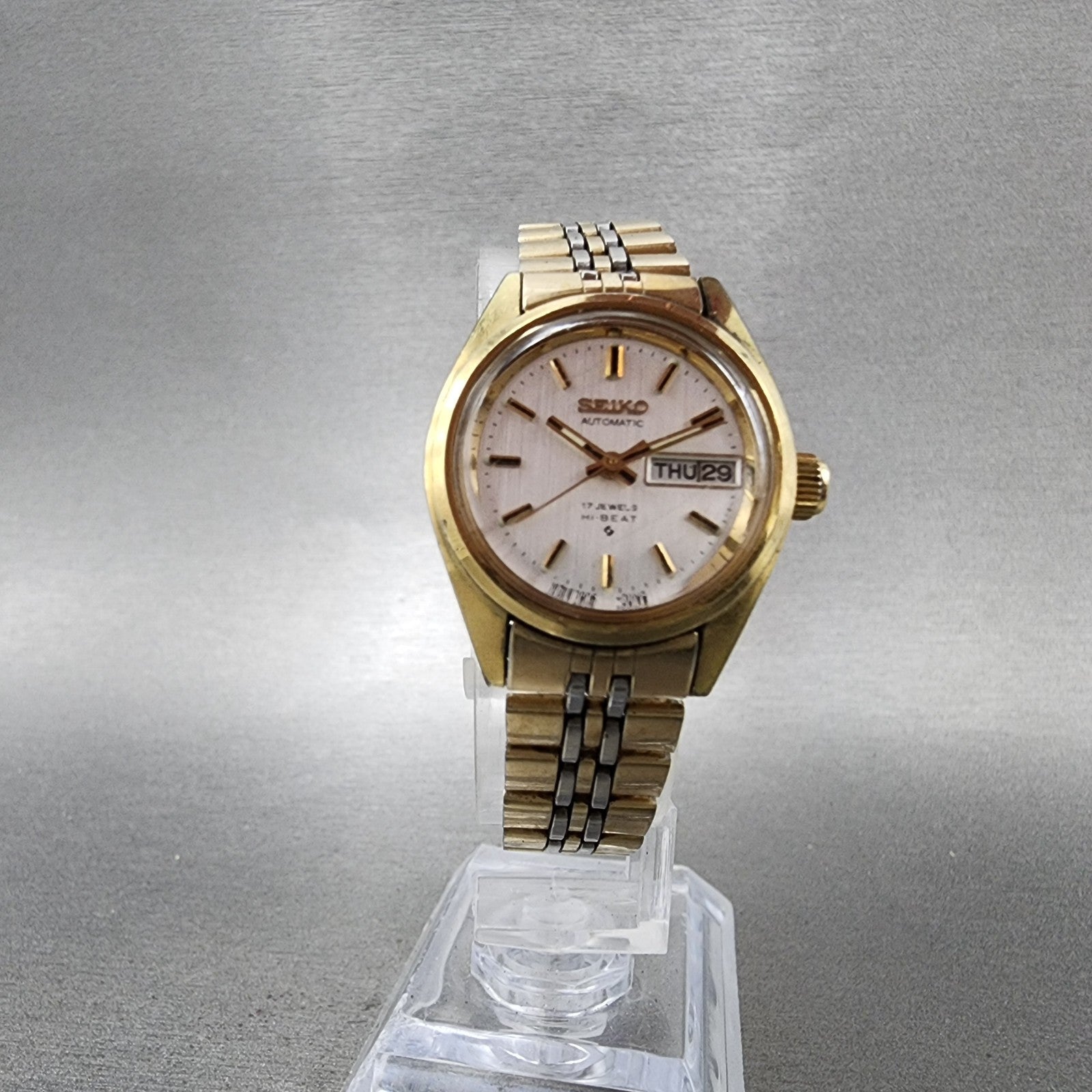 Seiko Automatic Watch Women 24mm Silver Dial Gold Plated Daydate Round Runs VTG5