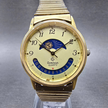 Armitron Day Night Watch Men 32mm Gold Dial Gold Tone Date Round READ!! New Batt0