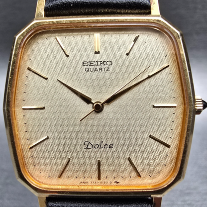 Seiko Dolce Watch Men 29mm Champagne Dial Gold Tone Rectangle 7731-5120 New Batt1