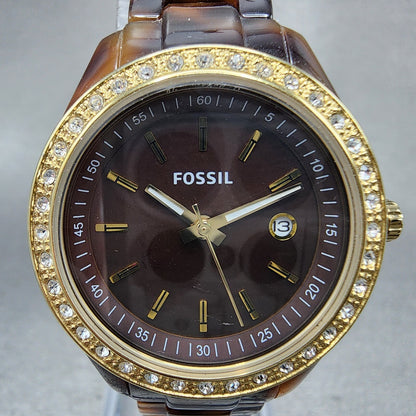 Fossil Stella Mini Watch Women 31mm Brown Dial Tortoise Resin Case Date New Batt1