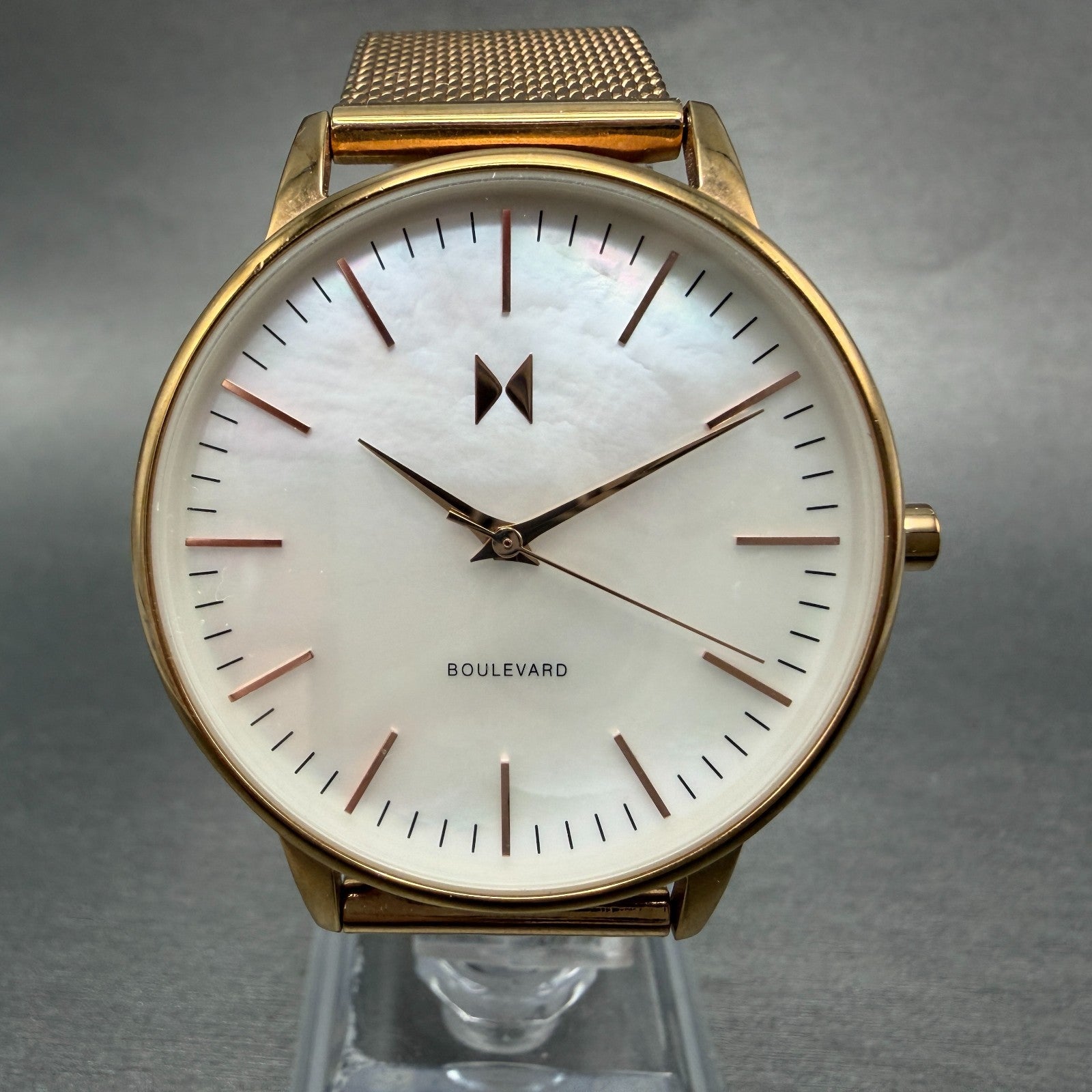 MVMT Boulevard Watch Women 38mm MOP Dial Rose Gold Tone Mesh Band New Battery A0