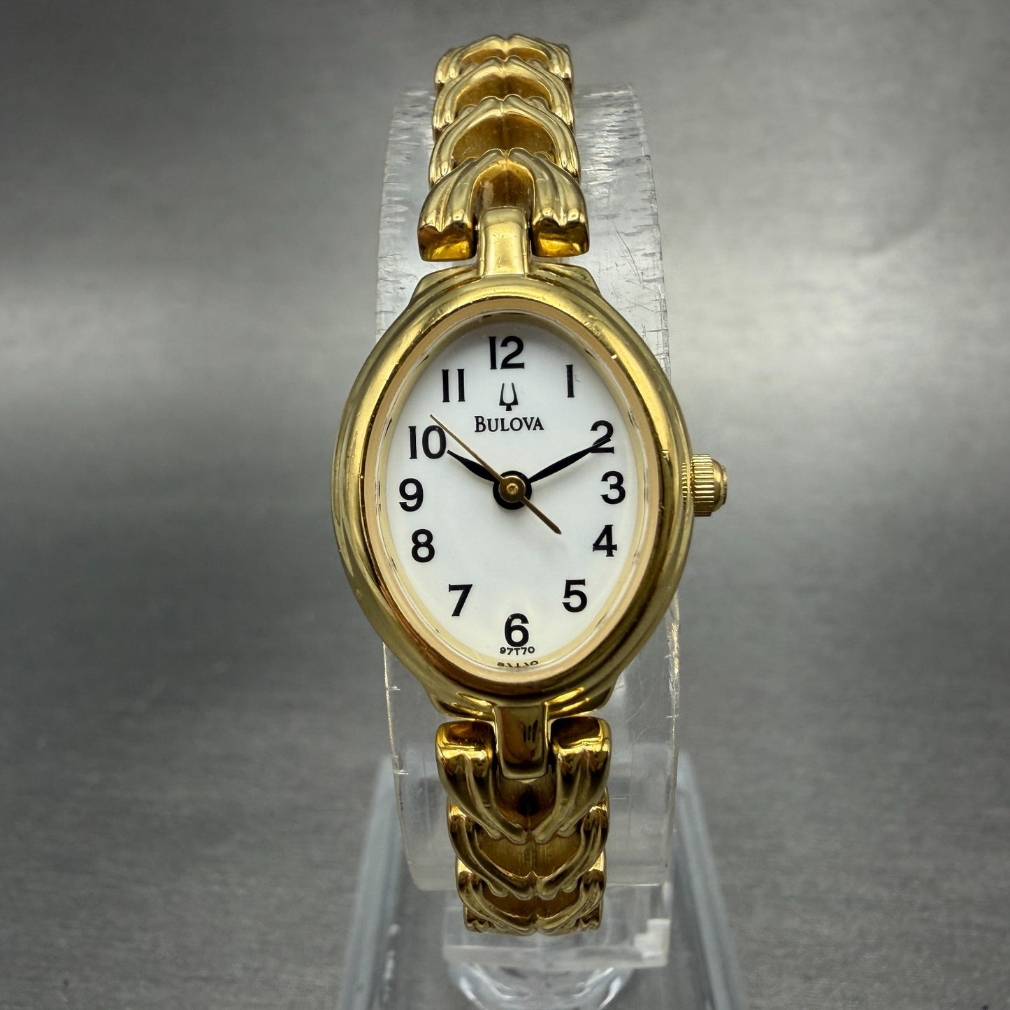 Bulova Watch Women 17mm White Dial Gold Tone Oval 97T70 New Battery Vintage0