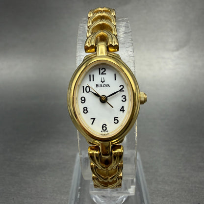 Bulova Watch Women 17mm White Dial Gold Tone Oval 97T70 New Battery Vintage0