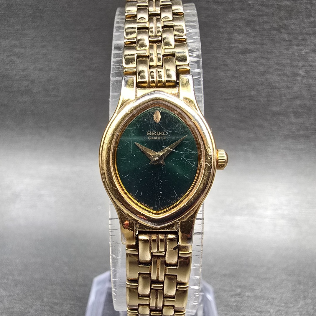 Seiko Watch Women 17mm Green Dial Gold Tone Oval V400-5588 New Battery Vintage0