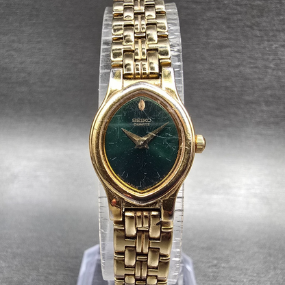 Seiko Watch Women 17mm Green Dial Gold Tone Oval V400-5588 New Battery Vintage0