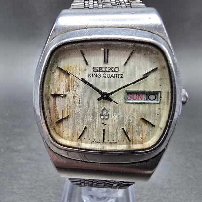 Seiko King Quartz Watch Men 34mm White Dial Silver Daydate 5856-5010 PARTS0