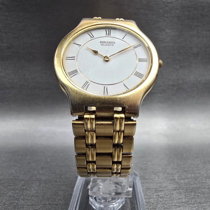 Seiko Watch Men 33mm White Dial Gold Tone Round 5Y94-7029 New Battery Vintage5