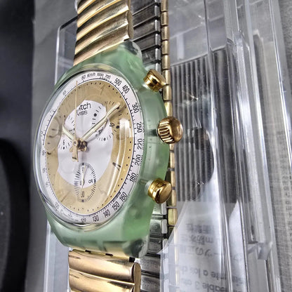 Swatch Chrono Golden Globe Watch Men 37mm Gold Dial Green Case SCG100 NewBat NOS4