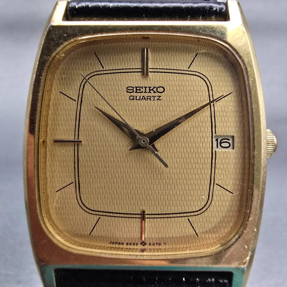 Seiko Watch Men 27mm Gold Dial Gold Tone Date Rectangle 6532-5250 New Battery1