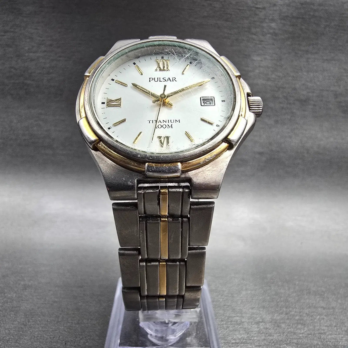 Pulsar Watch Men 35mm White Dial Titanium Date Round VX32-X253 New Battery JP5