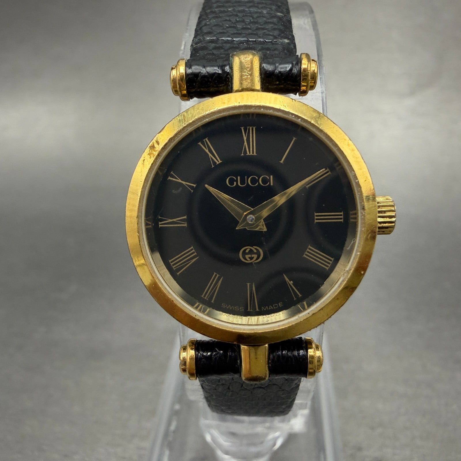 Gucci 2000L Watch Women 22mm Black Dial Gold Plated Round New Battery VTG PRWQ0
