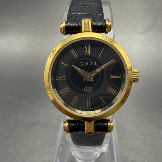 Gucci 2000L Watch Women 22mm Black Dial Gold Plated Round New Battery VTG PRWQ0