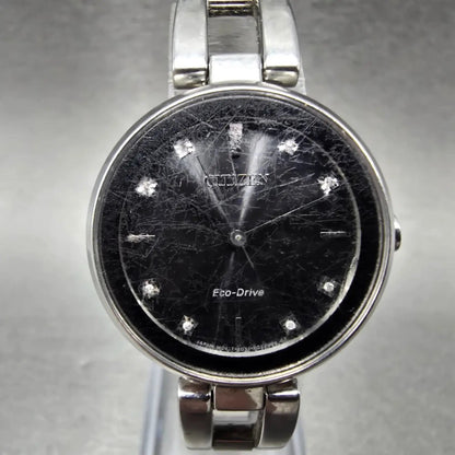 Citizen Axiom Eco-Drive Watch Women 28mm Black Dial Steel Round EM0636-55F Runs0