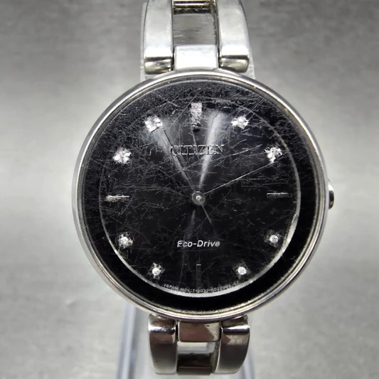 Citizen Axiom Eco-Drive Watch Women 28mm Black Dial Steel Round EM0636-55F Runs0