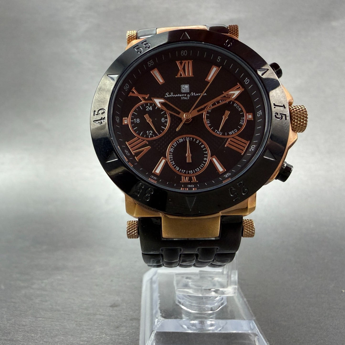 Salvatore Marra Watch Men 43mm Black Dial Rose Gold Daydate Round New Battery5
