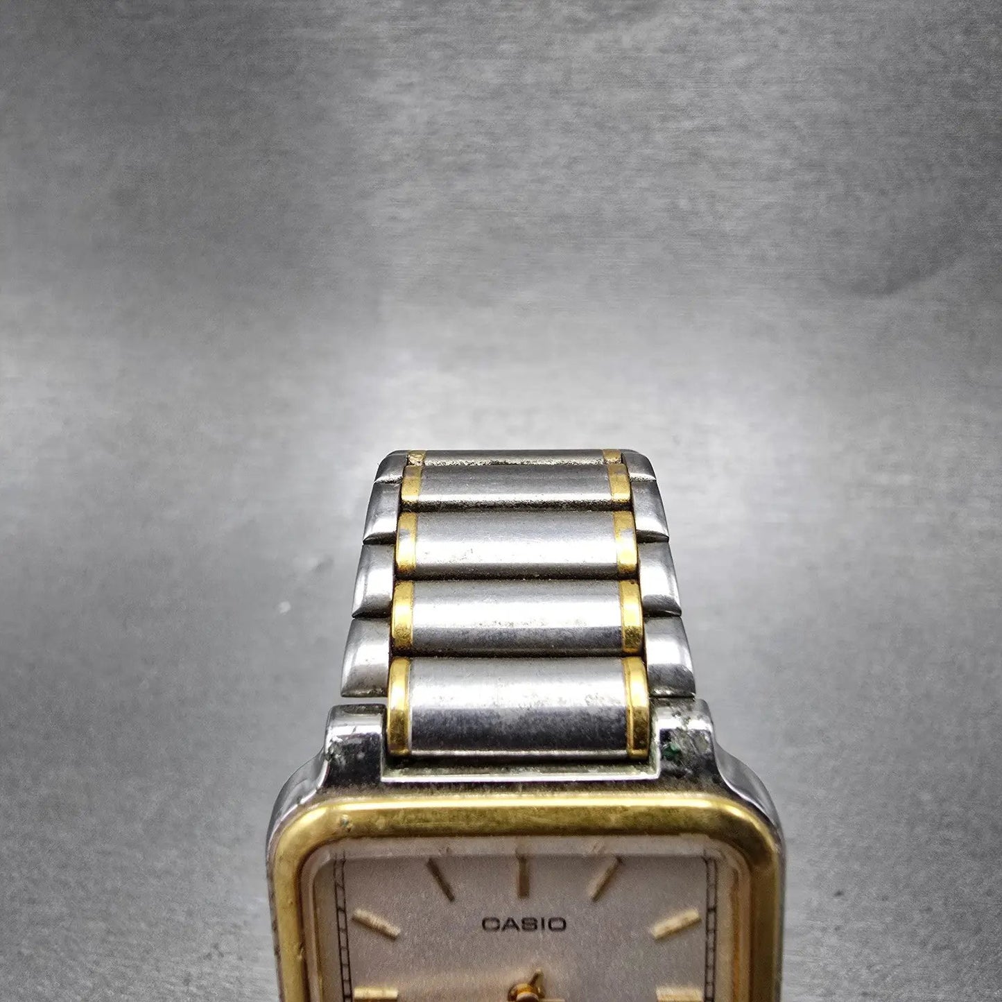 Casio AQ-703 Watch Men 27mm White Dial Two Tone Alarm Rectangle New Battery VTG4