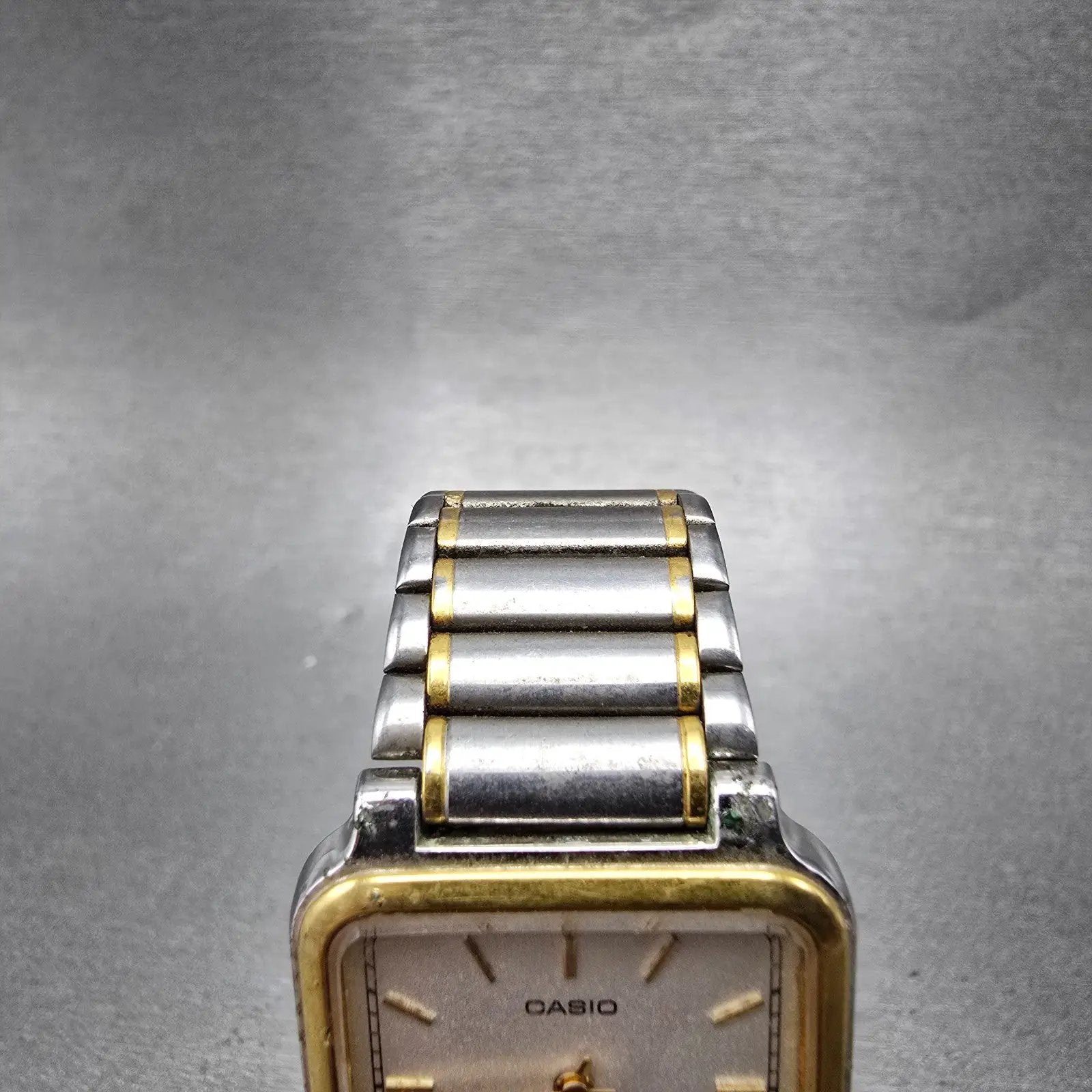Casio AQ-703 Watch Men 27mm White Dial Two Tone Alarm Rectangle New Battery VTG4
