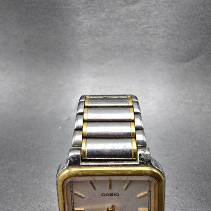 Casio AQ-703 Watch Men 27mm White Dial Two Tone Alarm Rectangle New Battery VTG4