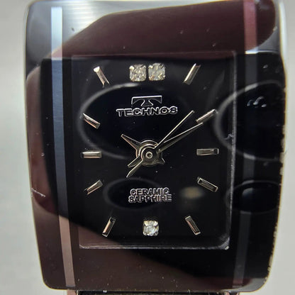 Technos Tank Watch Women 18mm Black Dial Steel & Ceramic TAL-742 New Battery D1