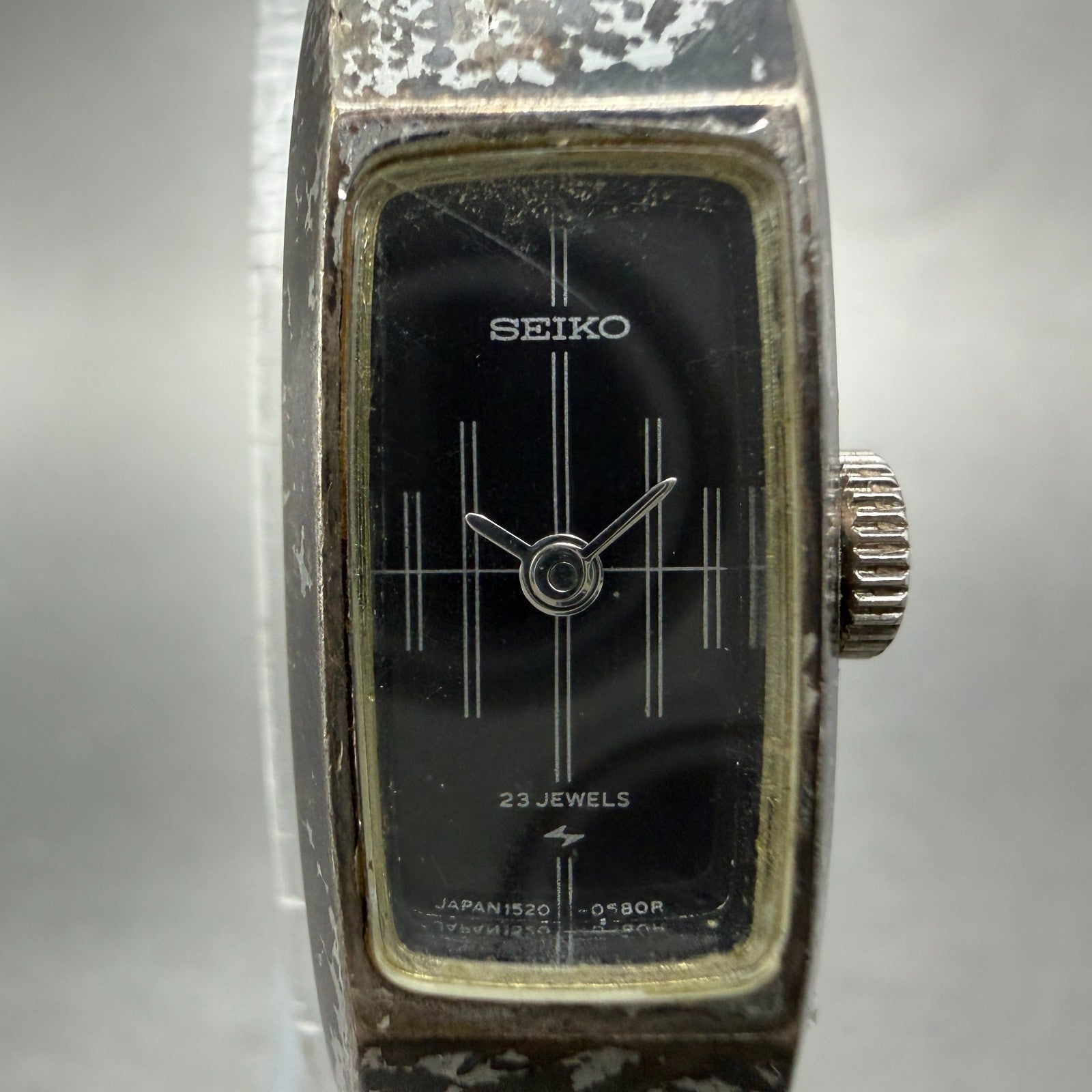 Seiko Tank Watch Women 13mm Black Dial Silver Tone Manual 1520-3580 Runs Vintage1
