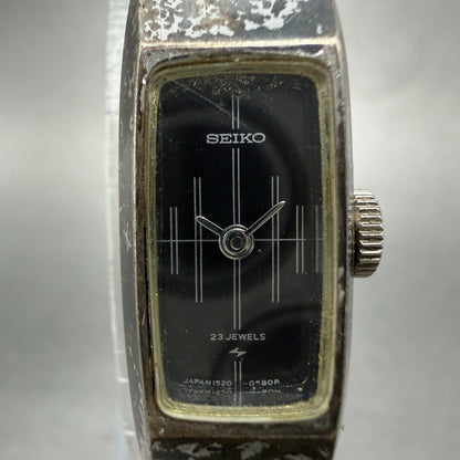 Seiko Tank Watch Women 13mm Black Dial Silver Tone Manual 1520-3580 Runs Vintage1