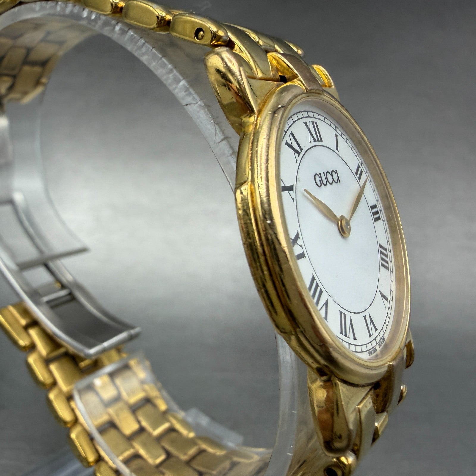 Gucci 3400M Watch Unisex 31mm White Dial Gold Plated Round New Battery VTG3