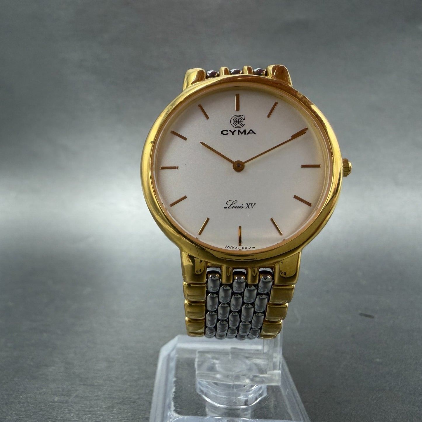 Cyma Louis XV Watch Men 32mm White Dial Two Tone Round M349 New Battery6