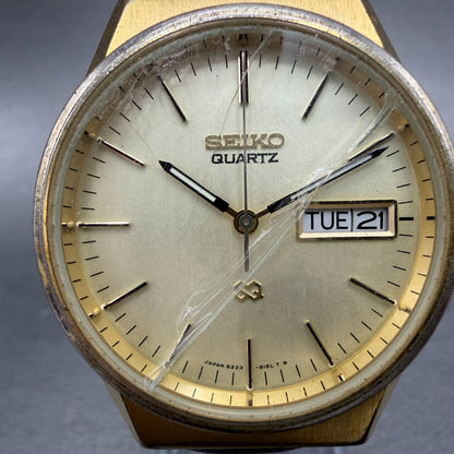 Seiko SQ Watch Men 34mm Champagne Dial Gold Tone Daydate 8223-8009 New Battery J1