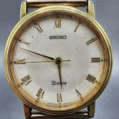 Seiko Dolce Watch Men 32mm White Dial Gold Tone 8n417030 New Battery READ!!!!!!1