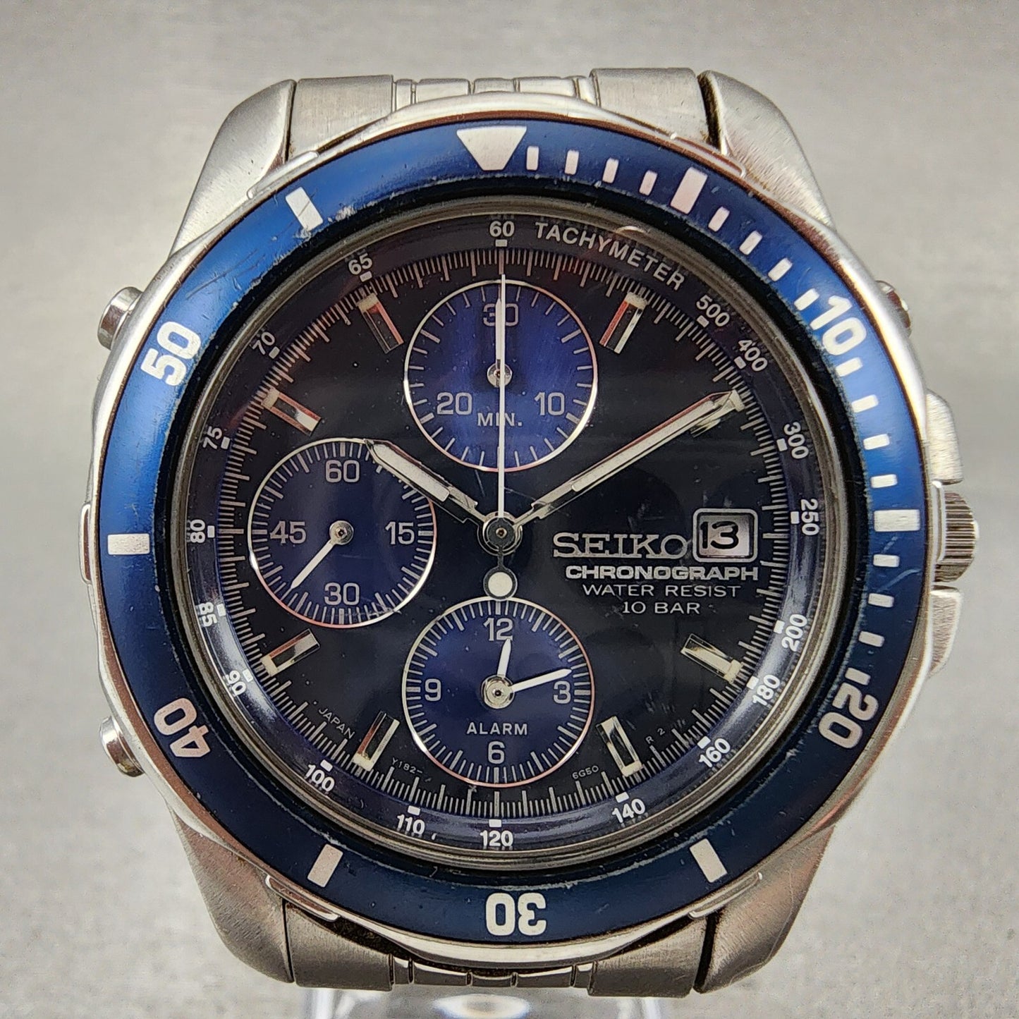 Seiko Chronograph Watch Men 40mm Blue Dial Steel Date Alarm Round New Battery