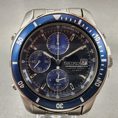 Seiko Chronograph Watch Men 40mm Blue Dial Steel Date Alarm Round New Battery