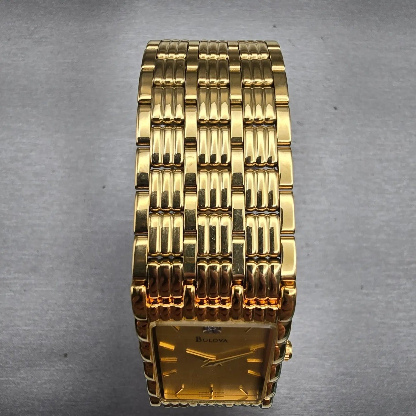 Bulova Watch Men 23mm Gold Dial Gold Tone Diamond Rectangle 97D05 New Battery4