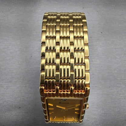 Bulova Watch Men 23mm Gold Dial Gold Tone Diamond Rectangle 97D05 New Battery4