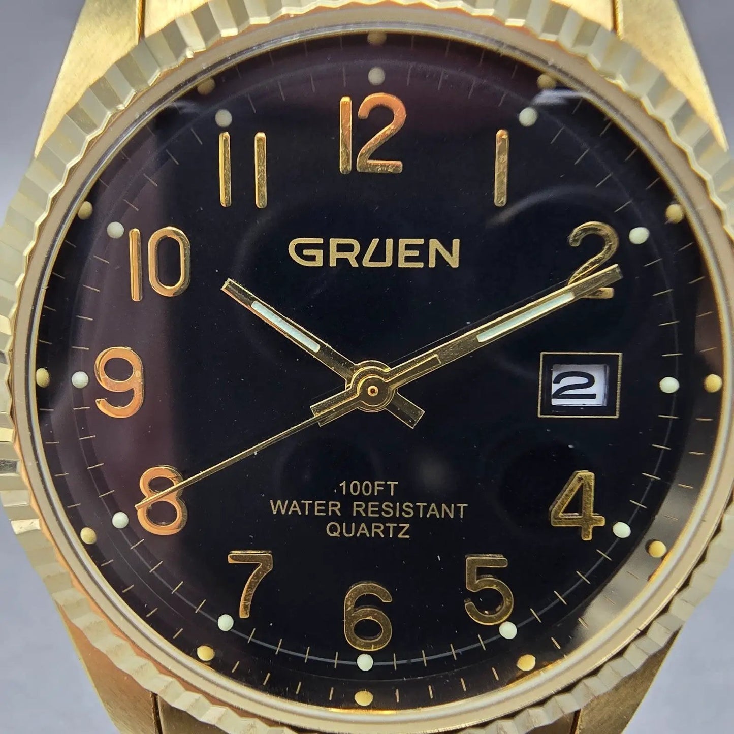 Gruen President Watch Mne 36mm Black Dial Gold Tone Date Round New Battery1