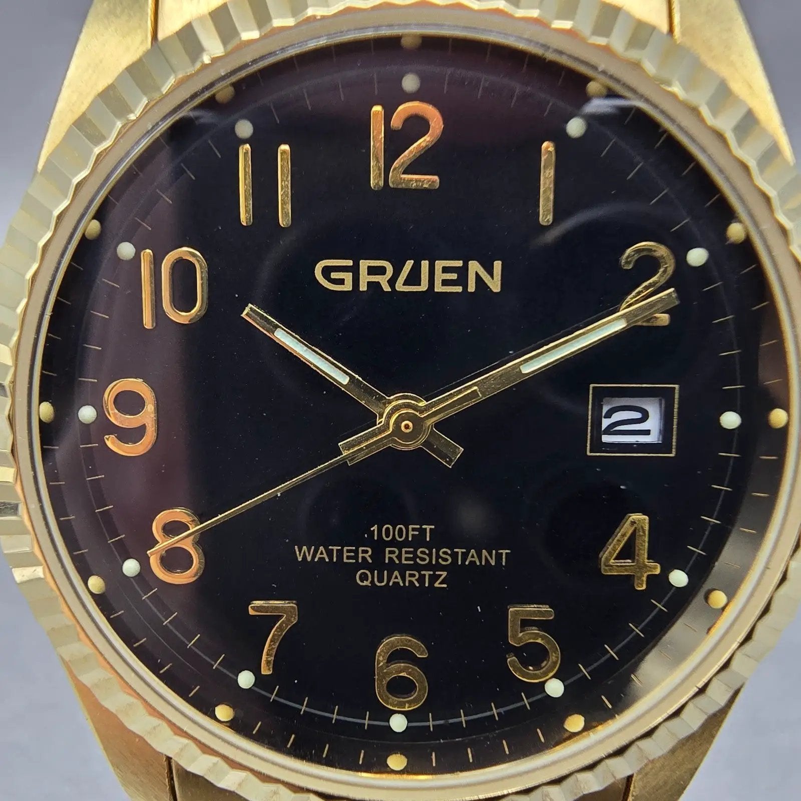 Gruen President Watch Mne 36mm Black Dial Gold Tone Date Round New Battery1