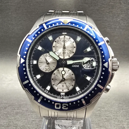 Pulsar Chronograph Dive Watch Men 43mm Blue Dial Two Tone Date YM62-X173 NewBat0
