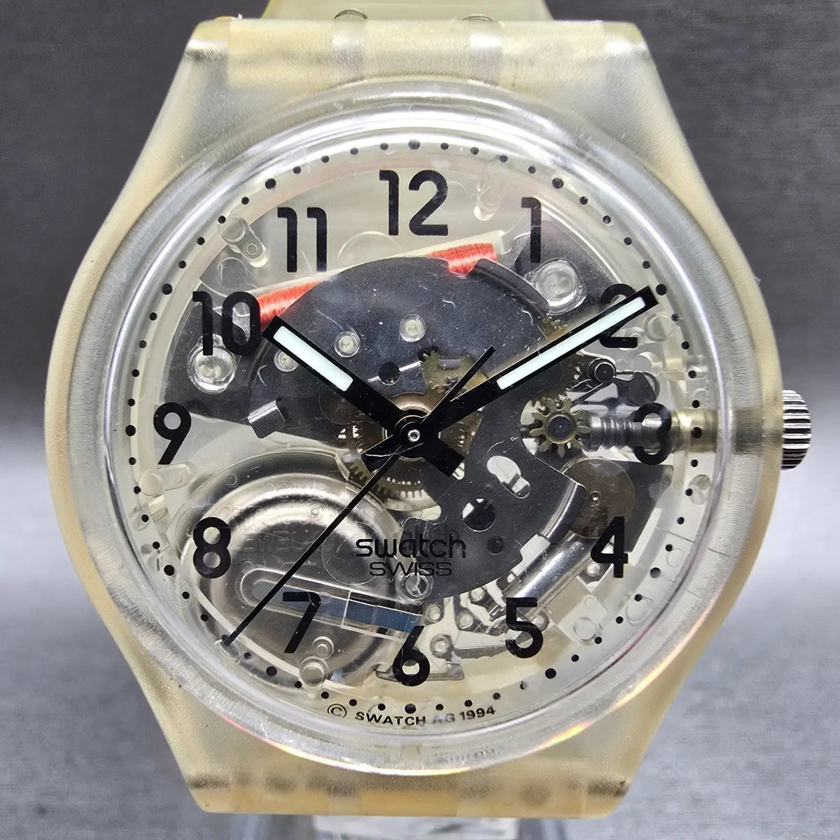 Swatch Transparent Watch Men 34mm Skeleton Dial Clear Case Round GK209 New Batt1