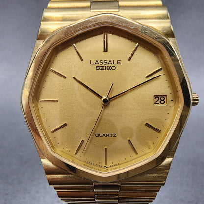Seiko Lassale Watch Men 32mm Champagne Dial Gold Tone Date 7752-5019 New Battery