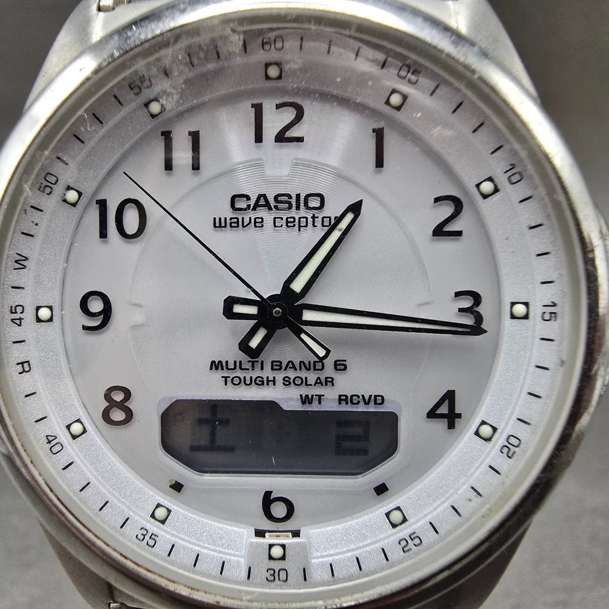 Casio Wave Ceptor Watch Men 42mm White Dial Steel Solar Analog Digital Works JP21