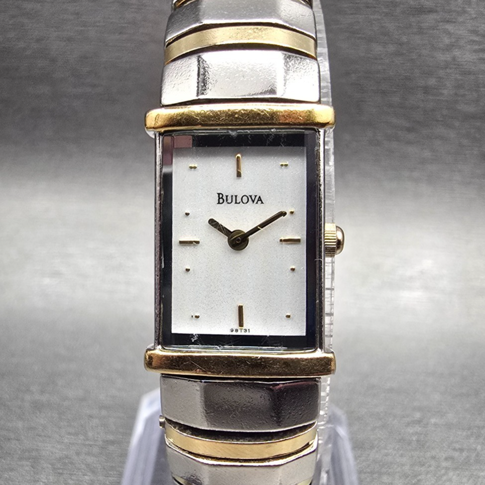 Bulova Watch Women 15mm White Dial Two Tone Rectangle 98T31 New Battery0
