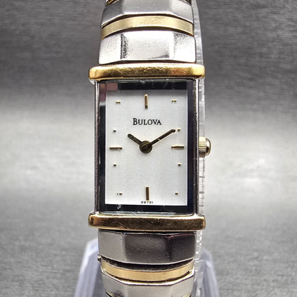 Bulova Watch Women 15mm White Dial Two Tone Rectangle 98T31 New Battery0