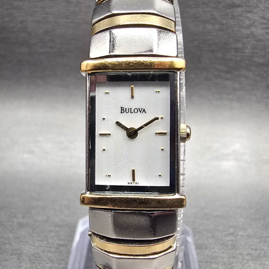 Bulova Watch Women 15mm White Dial Two Tone Rectangle 98T31 New Battery0