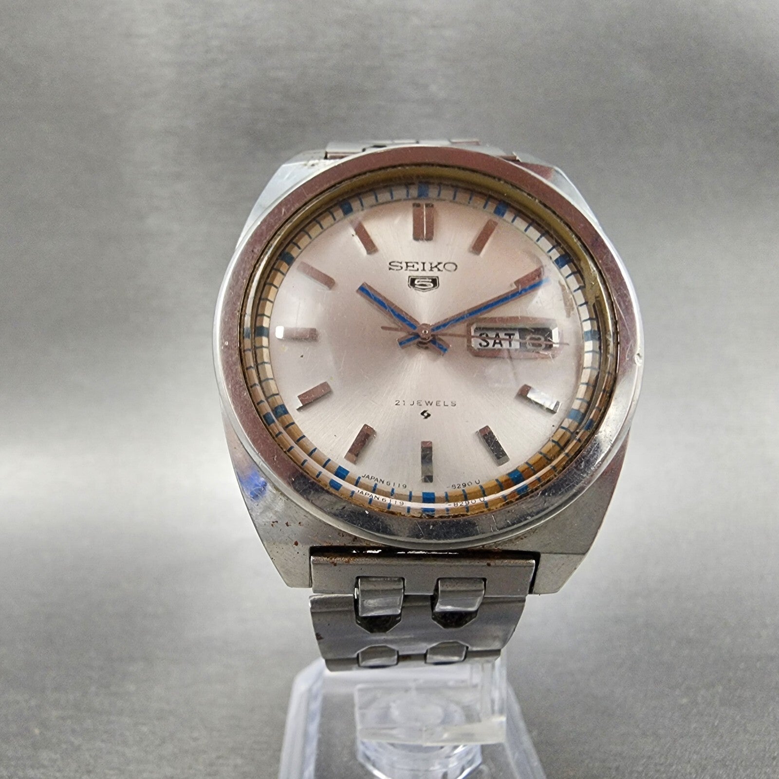 Seiko 5 Watch Men 37mm Silver Dial Steel Daydate Cushion 61198240 VTG PARTS6