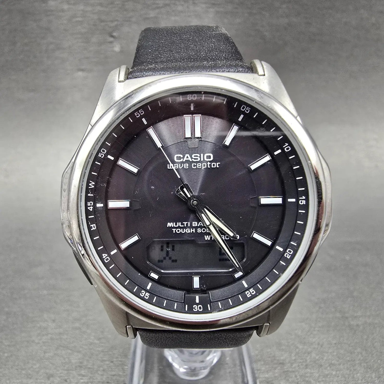 Casio Wave Ceptor Watch Men 42mm Black Dial Steel Solar Analog Digital Works J0