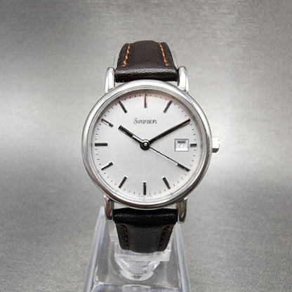 Swanson Watch Women 24mm Silver Dial Steel Date Round Leather New Battery