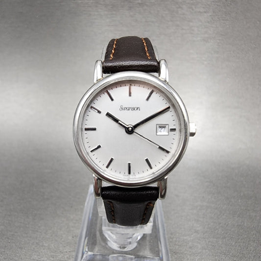 Swanson Watch Women 24mm Silver Dial Steel Date Round Leather New Battery