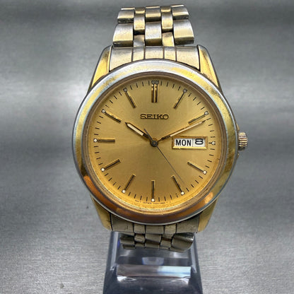 Seiko Watch Men 38mm Gold Dial Gold Tone Daydate Round 7N43-0AM0 New Battery0