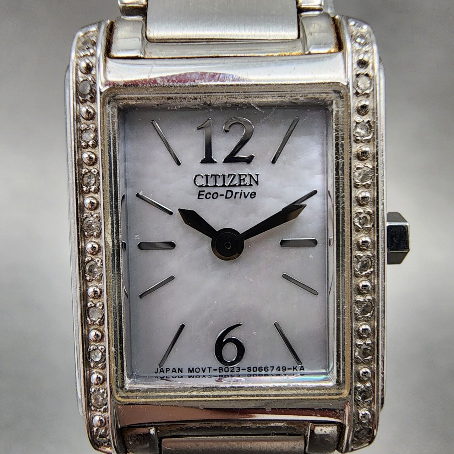 Citizen EcoDrive Tank Watch Women 19mm MOP Dial Silver Tone Diamond Bezel Runs1