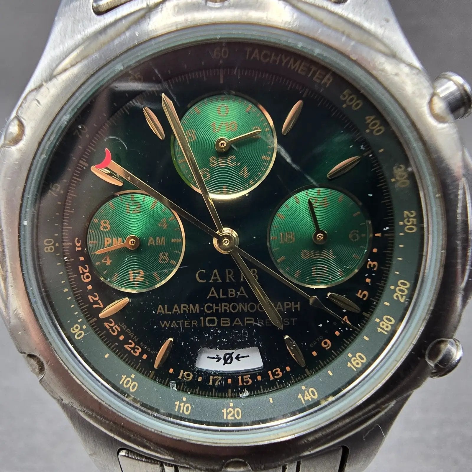 Seiko Alba Carib Watch Men 39mm Green Dial Steel Alarm Chronograph N944 PARTS2