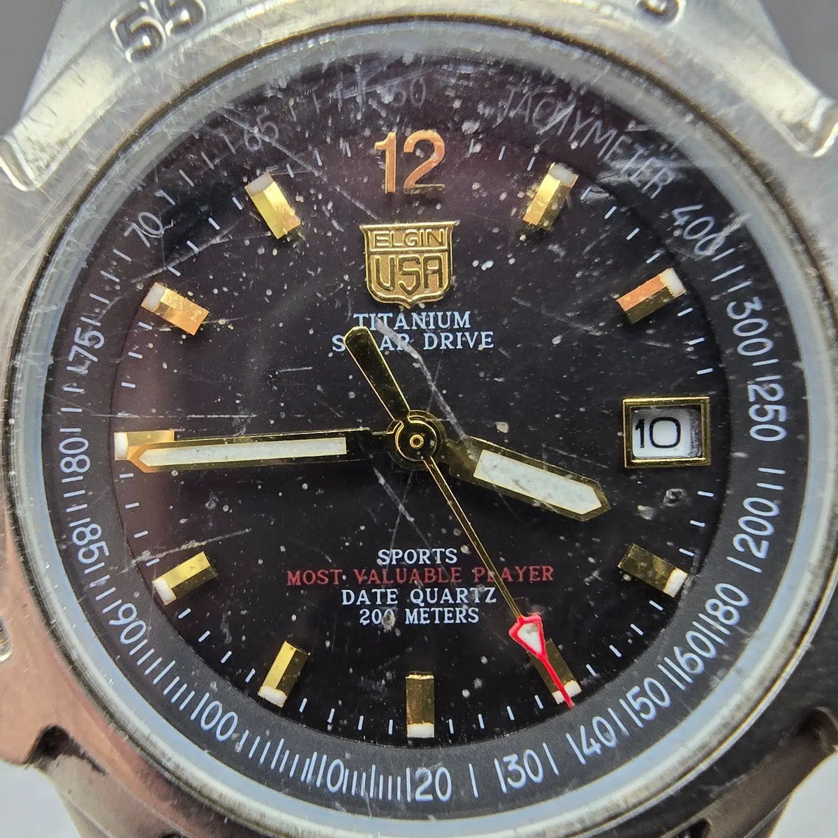 Elgin Solar Watch Men 37mm Black Dial Titanium Date Round FK-1128 NO CROWN PARTS2
